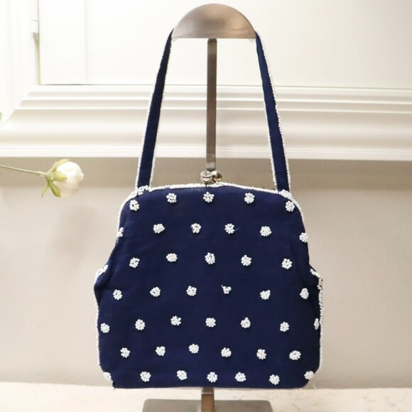 Vintage Beaded Evening Bag: Navy Blue Floral Handbag, Rhinestone Clasp - Picture 11 of 11